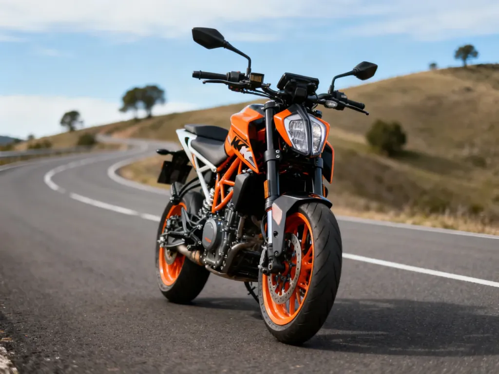 KTM Duke 125 na postoju na asfaltowej drodze, widok z przodu, podkreślający techniczne detale silnika i przedniego koła