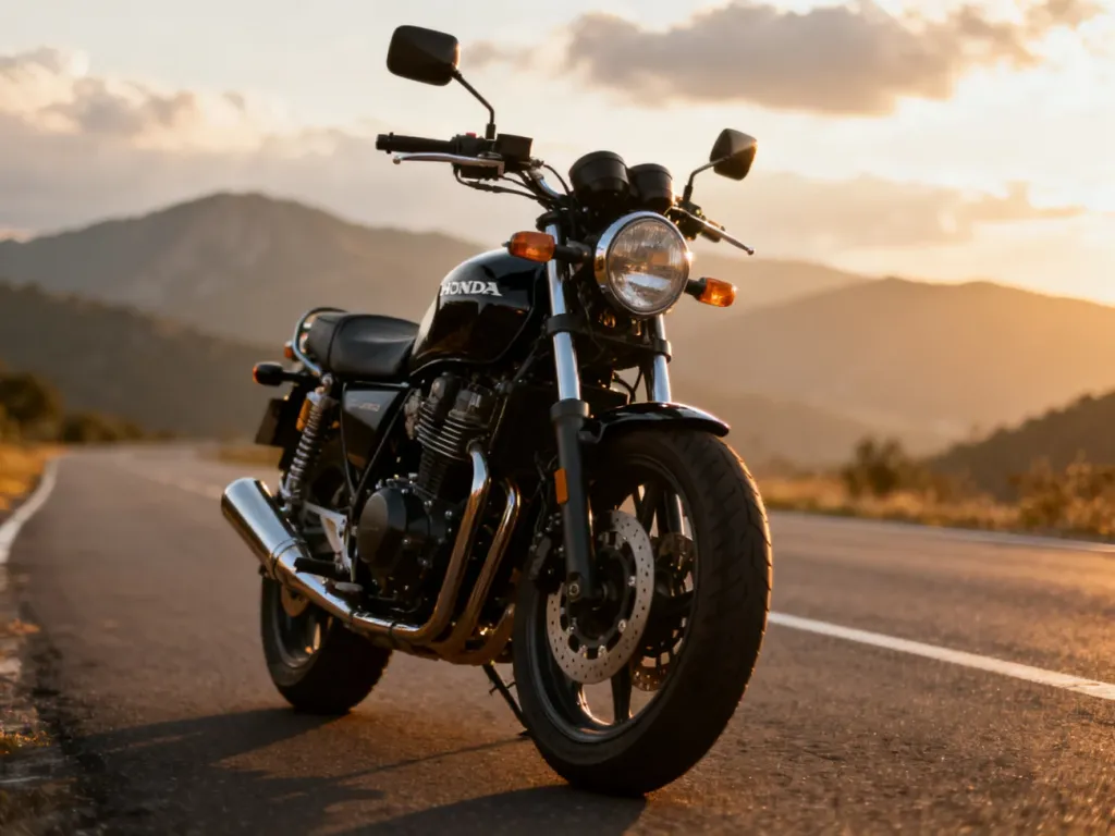 Czarny cruiser Honda Rebel 500 na pustej, malowniczej drodze w górach, podkreślone detale silnika i przedniego koła.
