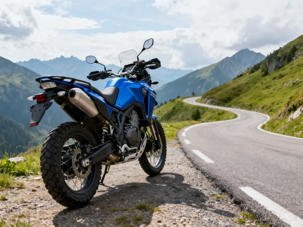 Niebieska Yamaha Tenere 700 zaparkowana na górskiej drodze, z widokiem na krętą szosę i otaczające ją zielone wzgórza.