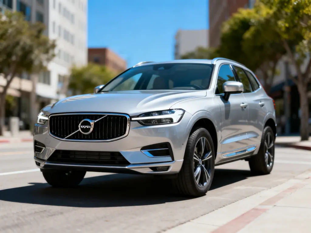 Volvo XC60 w srebrnym kolorze stoi na miejskiej ulicy, podkreślając przód, reflektory i grill w dziennym świetle
