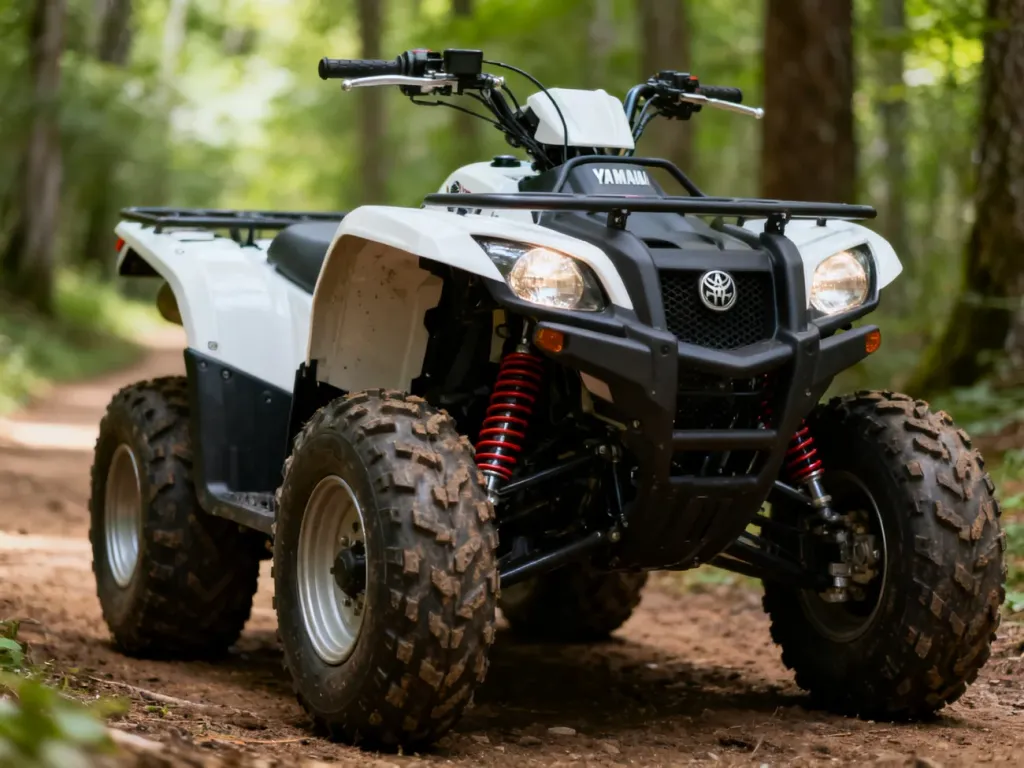 Quad Yamaha Grizzly 700 na leśnym szlaku, zbliżenie na masywne opony i zawieszenie, podkreślające terenowy charakter pojazdu
