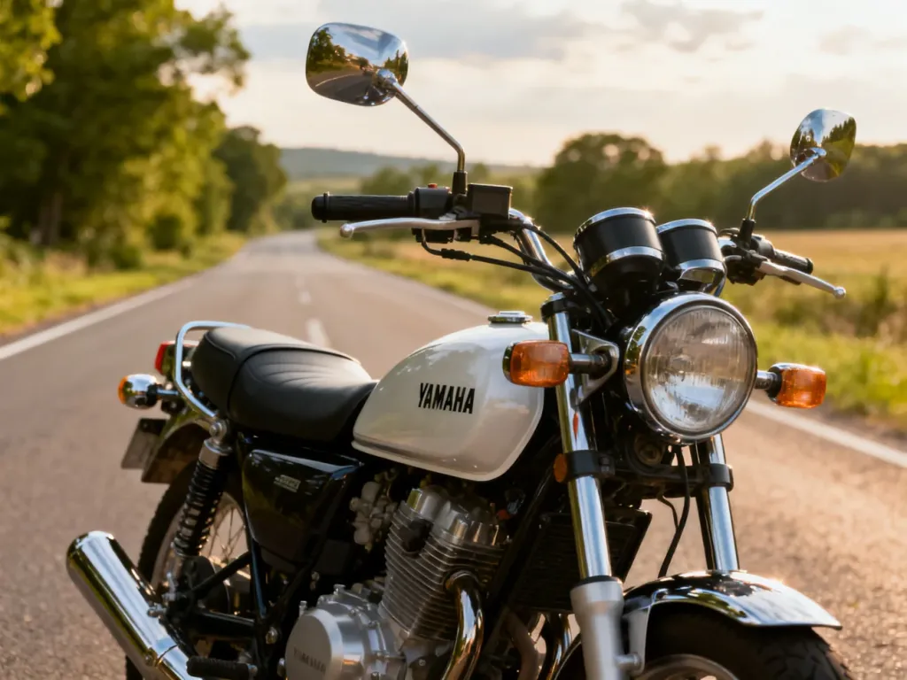 Yamaha Virago 125 z przodu na spokojnej wiejskiej drodze, podkreślone chromy i klasyczny cruiserowy charakter motocykla
